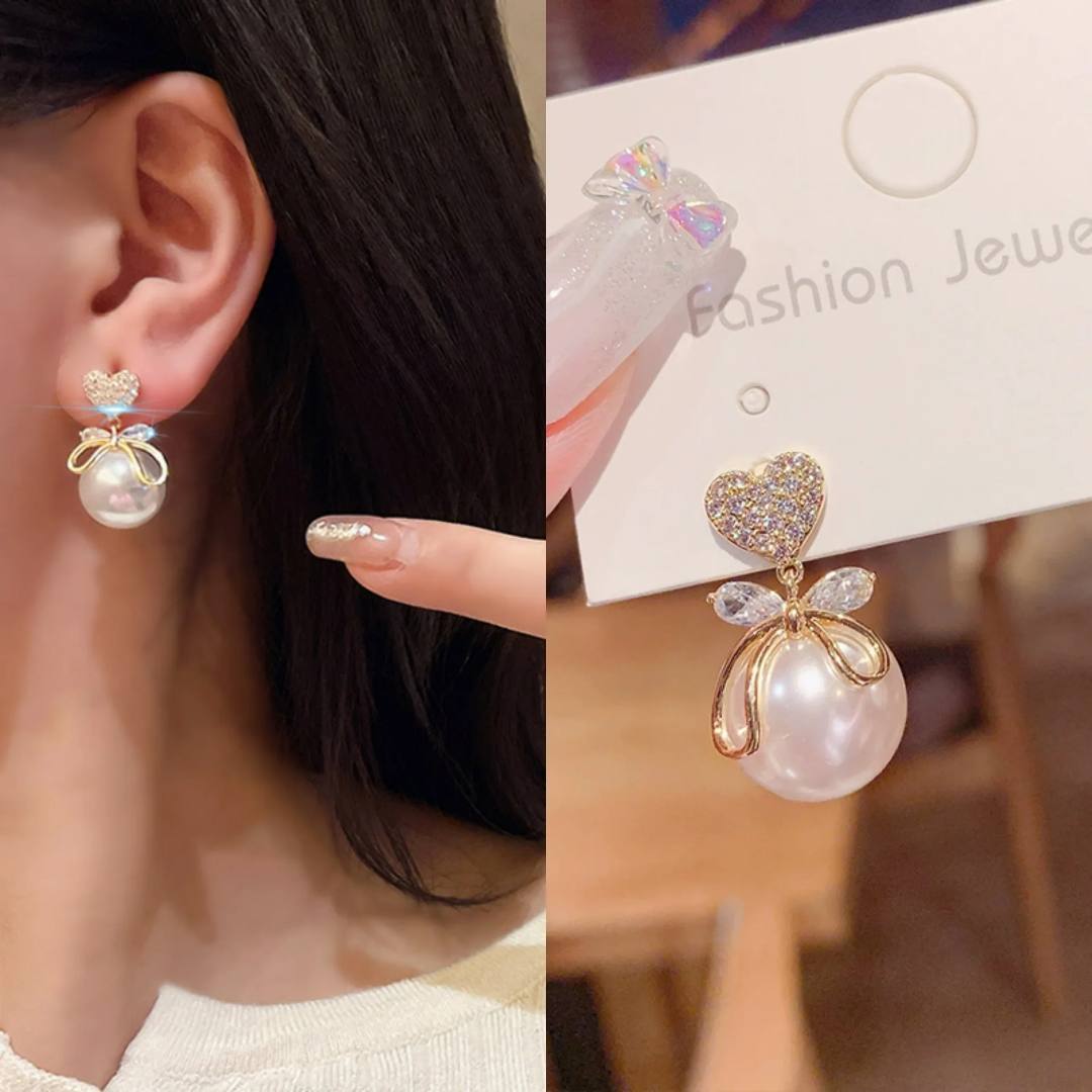 Heart & Bow Pearl Earrings