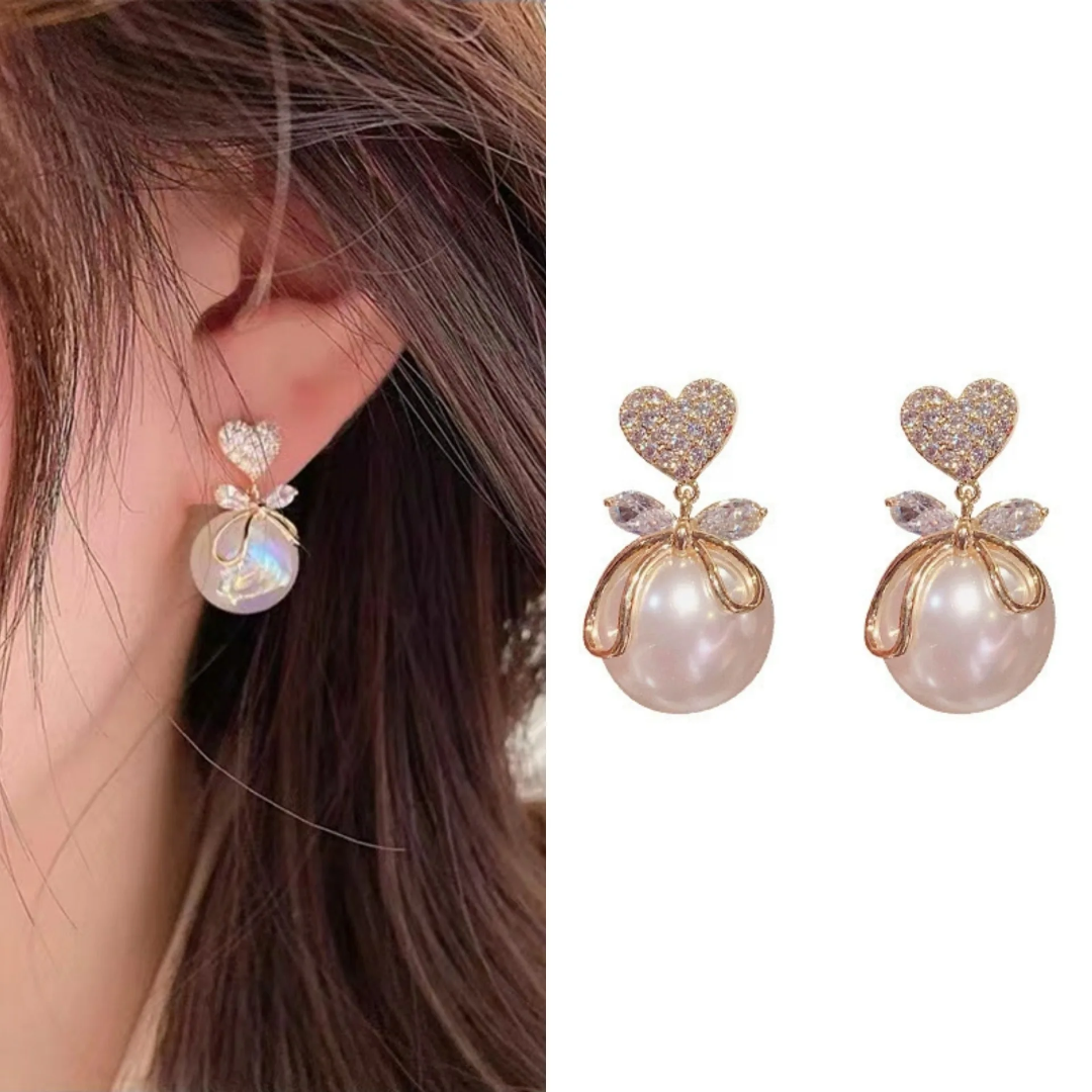 Heart & Bow Pearl Earrings